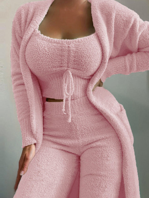 3-Piece Plush Camisole, Jacket & Trousers Lounge Set – Soft Woven Leisurewear