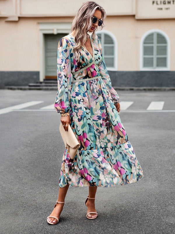 Printed V-Neck Long-Sleeve Maxi Dress – Resort Casual for Spring & Summer