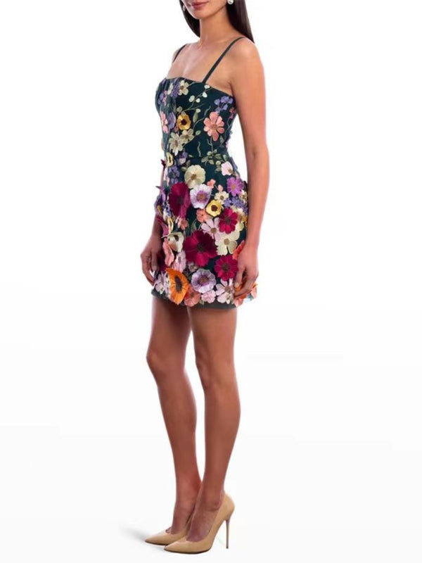 3D Floral Embroidered Spaghetti Strap Dress – Romantic Woven Sundress