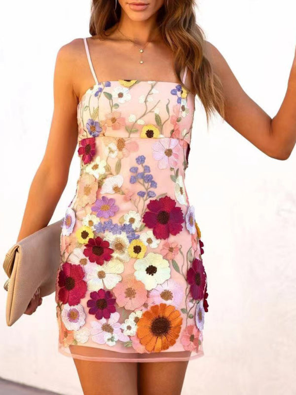 3D Floral Embroidered Spaghetti Strap Dress – Romantic Woven Sundress