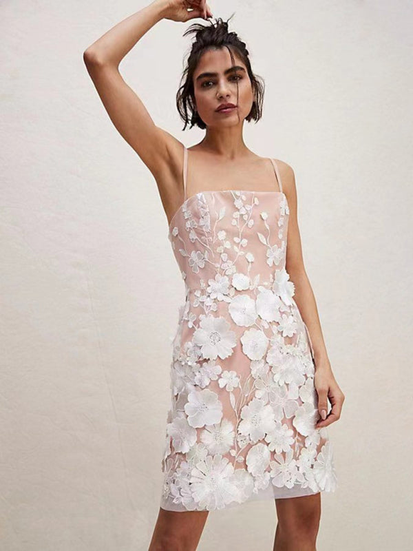 3D Floral Embroidered Spaghetti Strap Dress – Romantic Woven Sundress