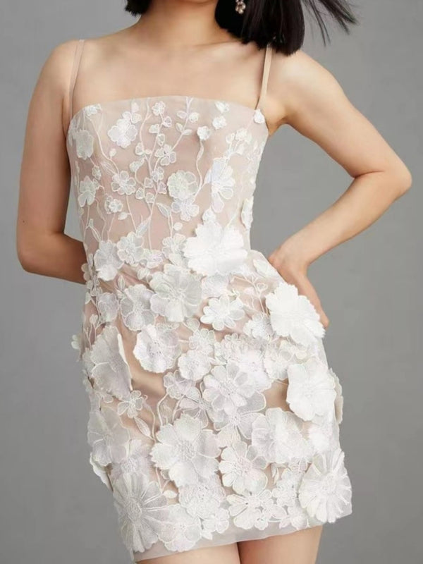3D Floral Embroidered Spaghetti Strap Dress – Romantic Woven Sundress