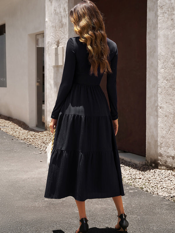 Elegant V-Neck Long Sleeve Maxi Dress – Women's Autumn Woven Dress