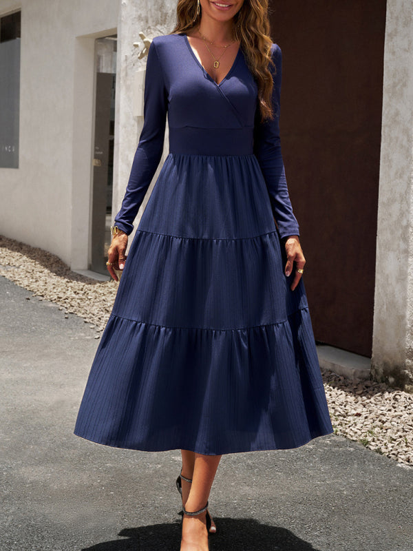 Elegant V-Neck Long Sleeve Maxi Dress – Women's Autumn Woven Dress