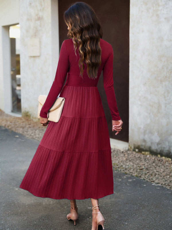 Elegant V-Neck Long Sleeve Maxi Dress – Women's Autumn Woven Dress