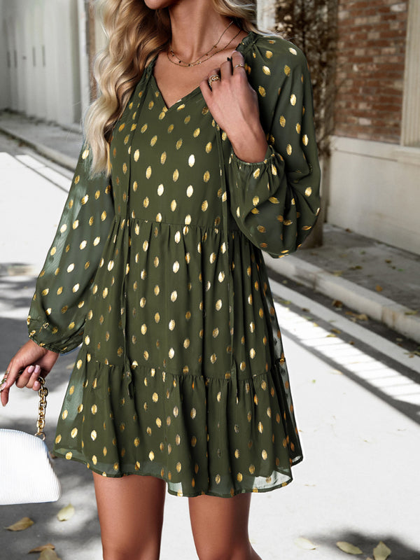 Chiffon V-Neck Long Sleeve Dress – Elegant Autumn Commuter Style