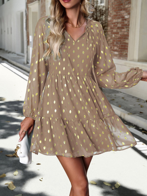 Chiffon V-Neck Long Sleeve Dress – Elegant Autumn Commuter Style