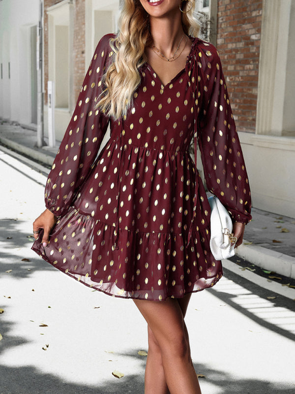 Chiffon V-Neck Long Sleeve Dress – Elegant Autumn Commuter Style