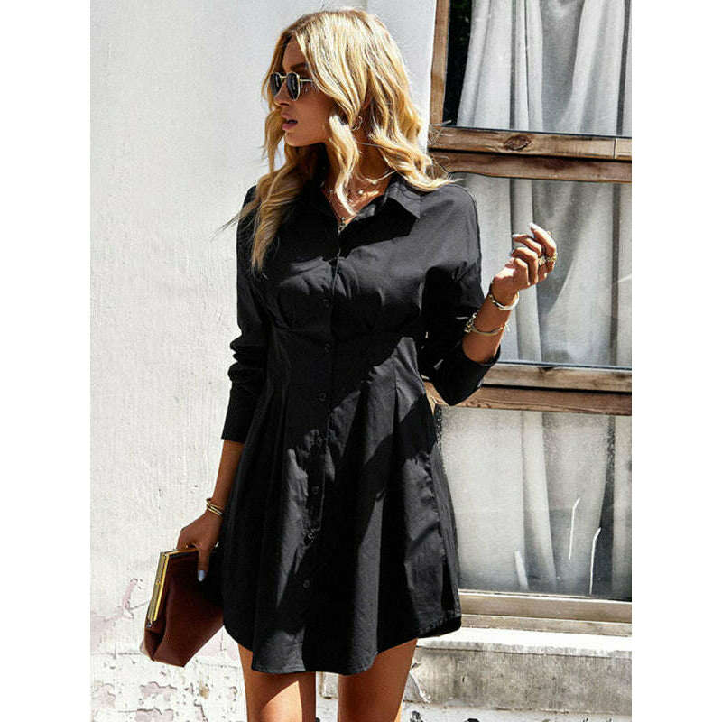 فستان قميص من مزيج القطن بلون موحد – أمام بأزرار، أنماط جريس، ماريا المبتسمة --- كل شيء للنساء 34651756