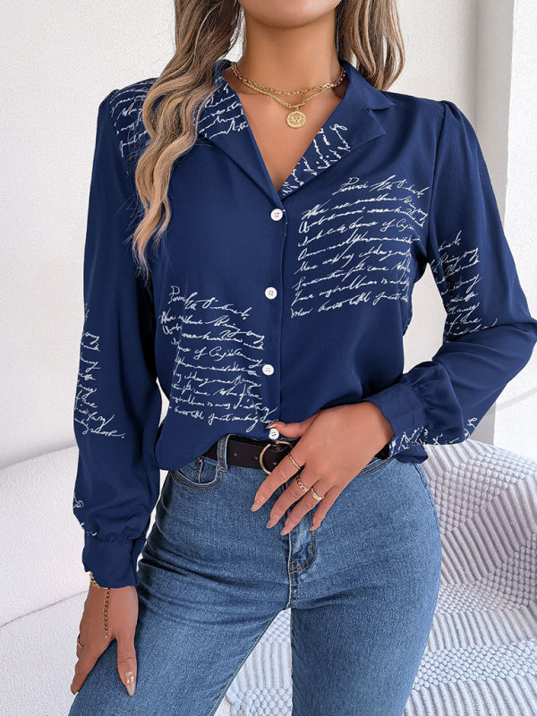Women's Letter Print Blazer Collar Shirt