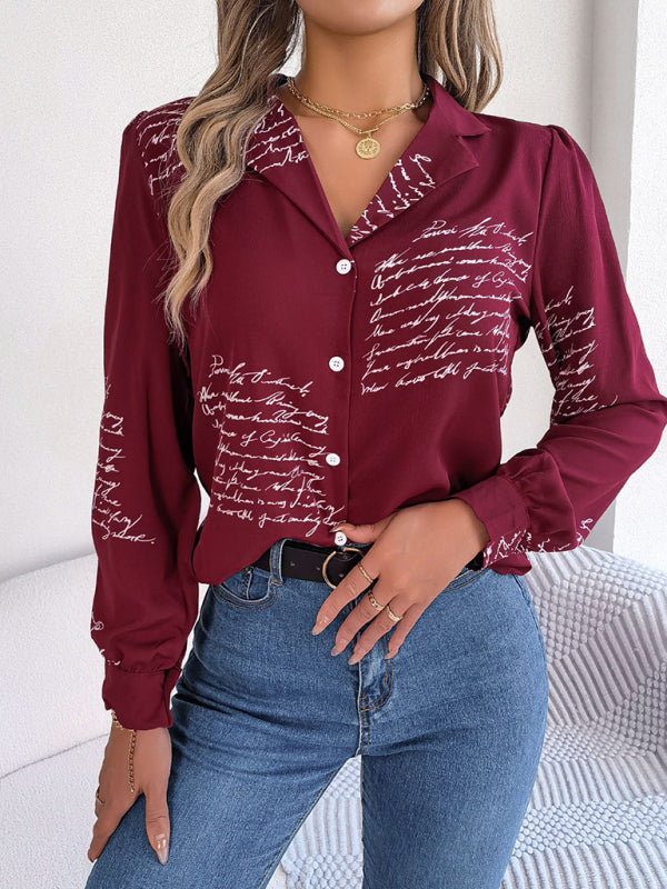 Women's Letter Print Blazer Collar Shirt