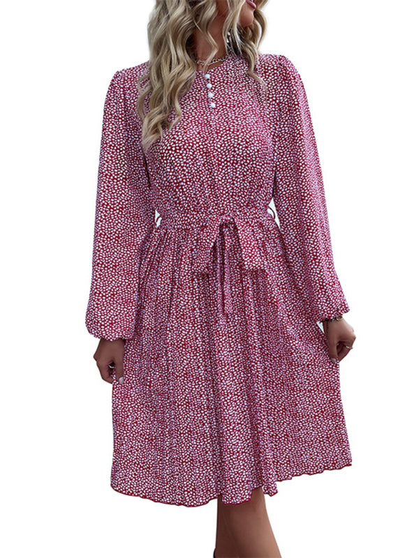 Romantic Floral Polka Dot Midi Dress – Wine Red Long Sleeve Woven Polyester