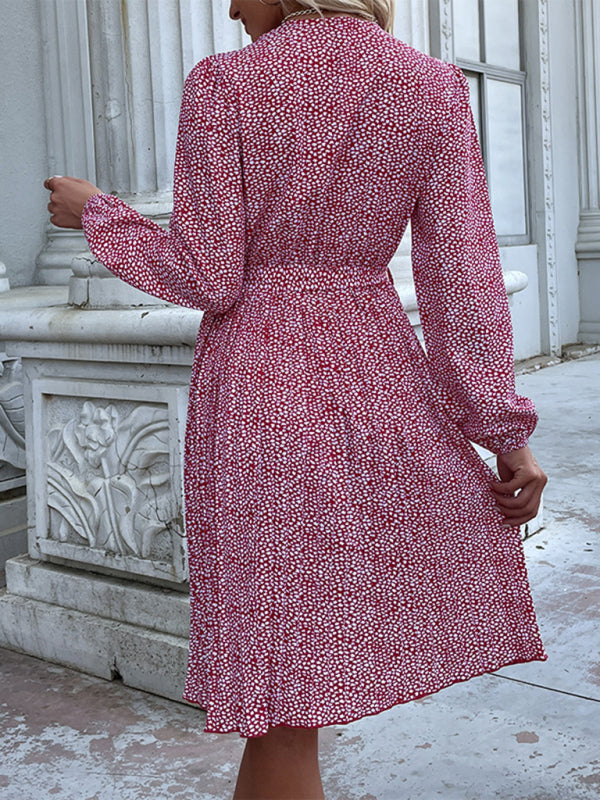 Romantic Floral Polka Dot Midi Dress – Wine Red Long Sleeve Woven Polyester
