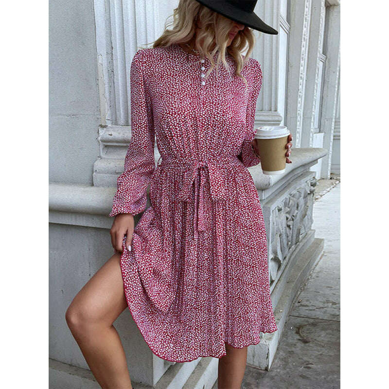 فستان ميدي زهري رومانسي بنقشة نقاط البولكا – أحمر خمري بأكمام طويلة من البوليستر المنسوج ماريا المبتسمة --- كل شيء للنساء 34649949