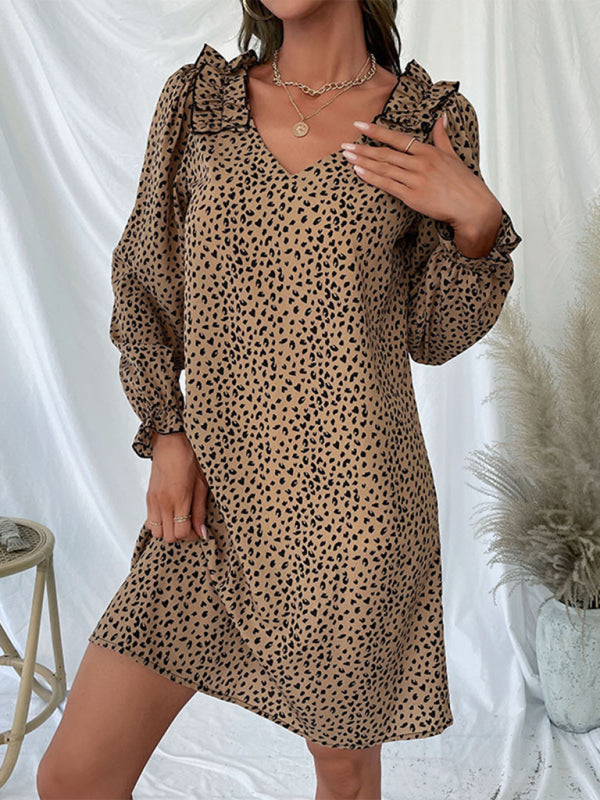Long Sleeve Leopard Print Dress – Loose Fit, Khaki, Autumn-Winter Style