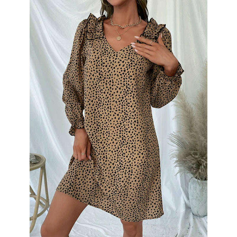 فستان بطبعة الفهد بأكمام طويلة – مقاس واسع بلون الكاكي لموسمي الخريف والشتاء ابتسامة ماريا - كل شيء للنساء 34651664