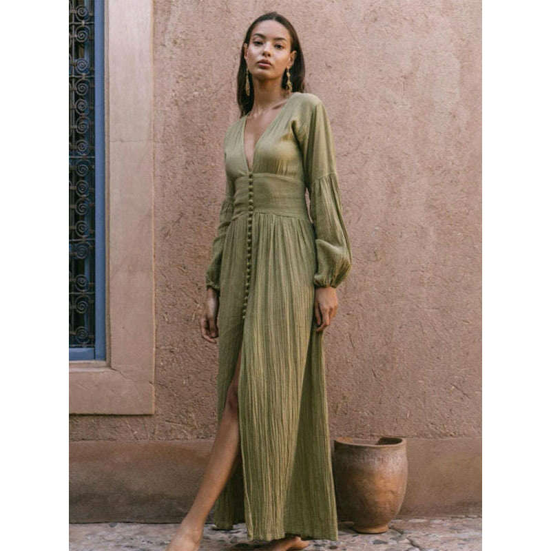 french-retro-v-neck-long-sleeve-dress-–-waist-pleats-side-slit-elegancesmiling-maria---everything-for-women-34647667