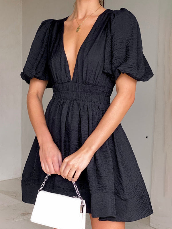 V-Neck Lantern Sleeve Waist Dress – Short Princess Cut, Spring-Summer Chic