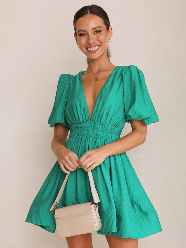 V-Neck Lantern Sleeve Waist Dress – Short Princess Cut, Spring-Summer Chic