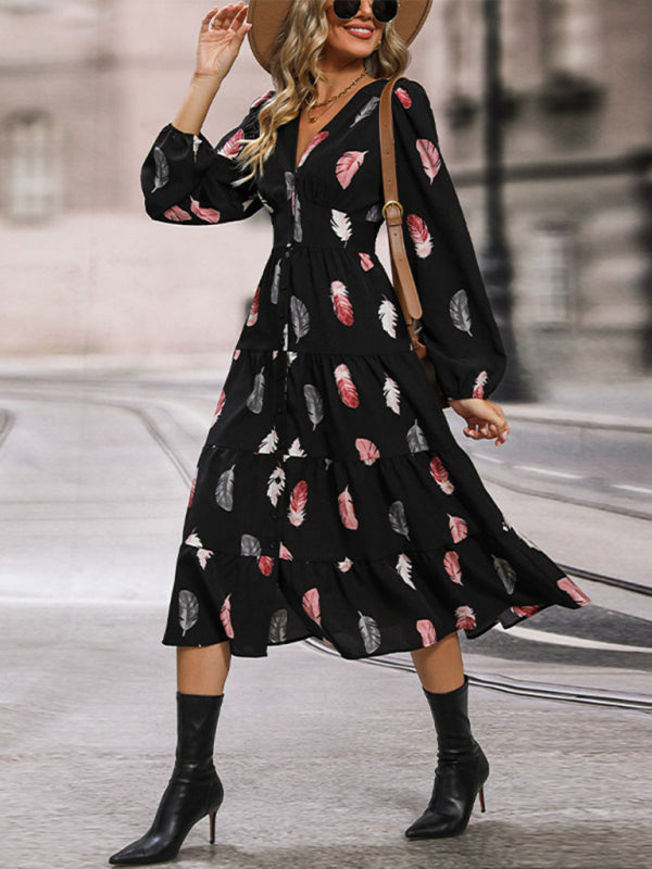 Elegant Long Sleeve Plant Print Dress – Graceful Fit, All-Season Style