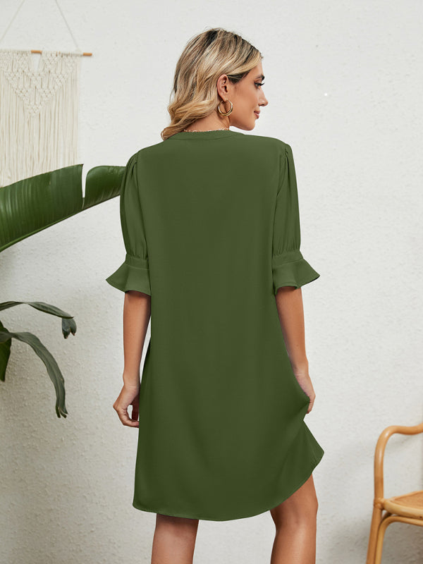 Solid V-Neck Loose Gathered Dress – Five-Quarter Sleeves, Spring-Summer Style