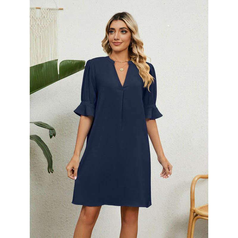 solid-v-neck-loose-gathered-dress-–-five-quarter-sleeves-spring-summer-stylesmiling-maria---everything-for-women-34645673