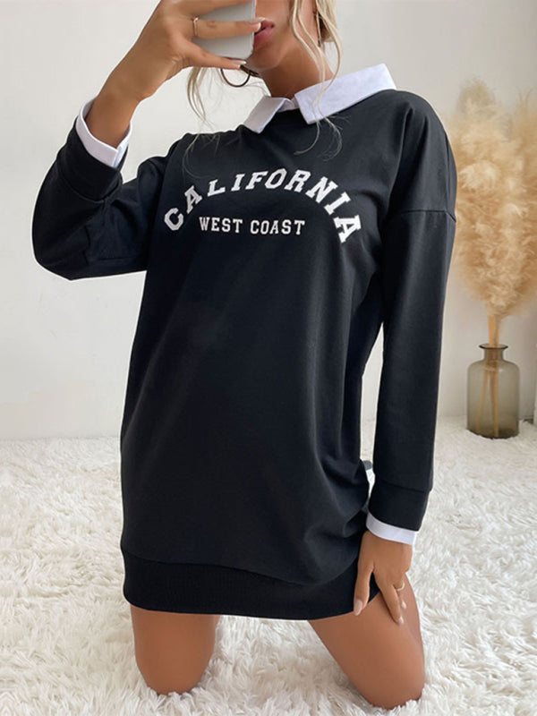 Long-Sleeve Lapel Knit Sweater Dress – Letter Print, Cotton Blend | Fall-Winter Casual Wear