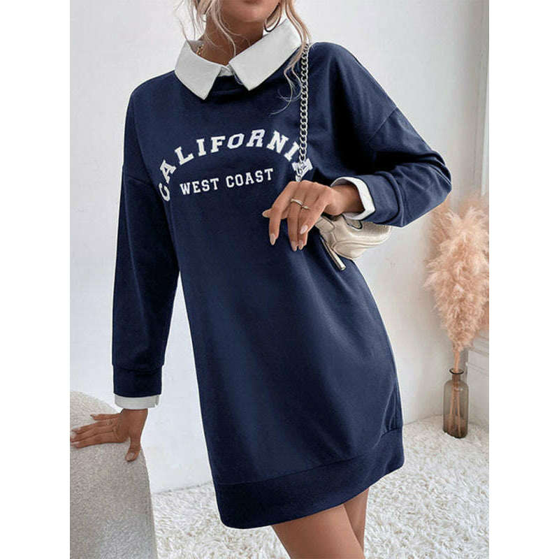 فستان كنزة محبوك بياقة طويلة الأكمام – طبعة حروف مزيج القطن للارتداء اليومي في الخريف والشتاء ابتسامة ماريا - كل شيء للنساء 34651364