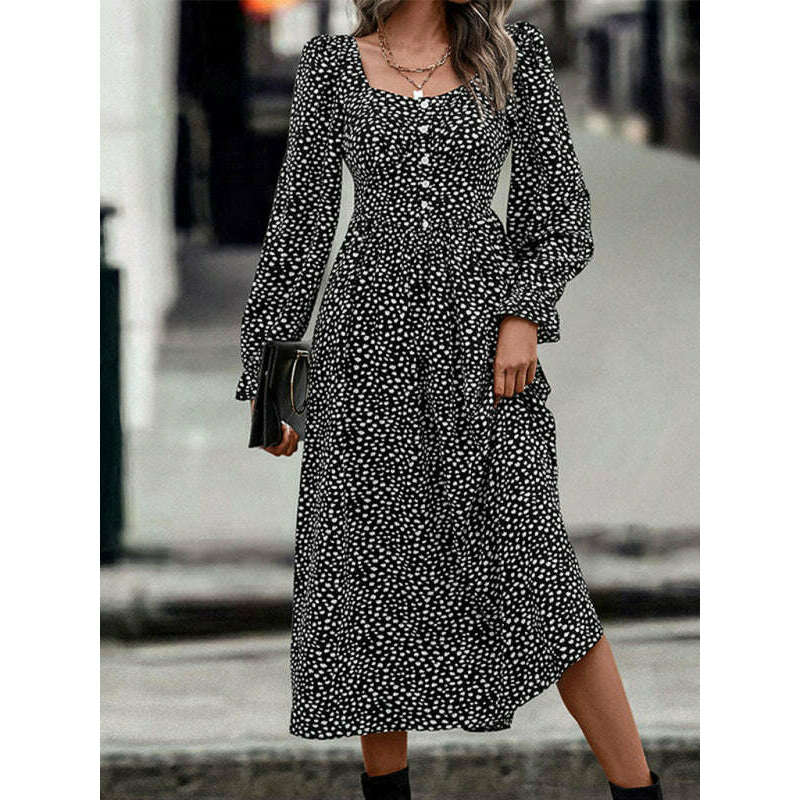 فستان بأكمام طويلة بطبعة وياقة مربعة – إطلالة أنيقة لخريف وشتاء ماريا المبتسمة - كل شيء للنساء 34651352