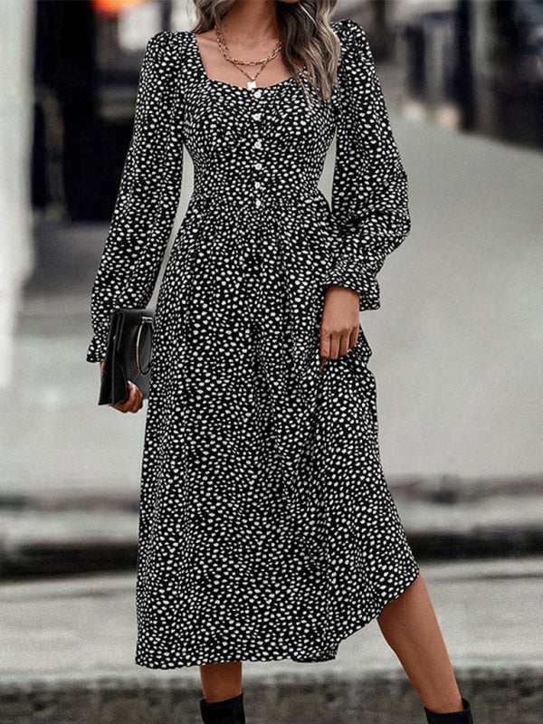 Square Neck Printed Long Sleeve Dress – Elegant Autumn-Winter Look