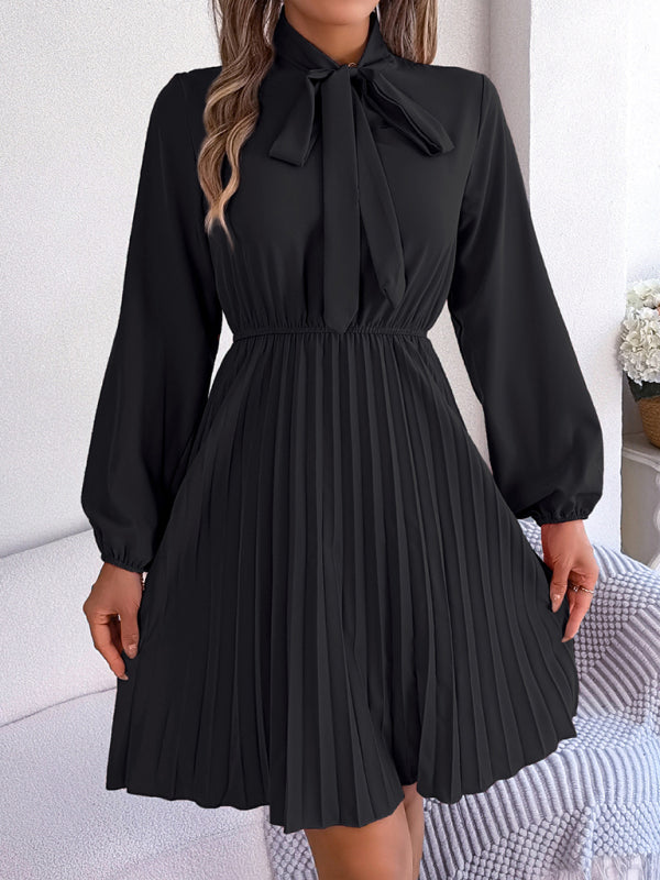 Elegant Long-Sleeve Pleated Midi Dress with Tie Waist – Autumn & Winter Style