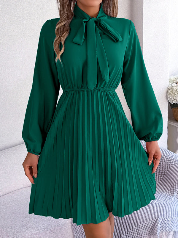 Elegant Long-Sleeve Pleated Midi Dress with Tie Waist – Autumn & Winter Style