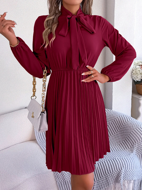 Elegant Long-Sleeve Pleated Midi Dress with Tie Waist – Autumn & Winter Style