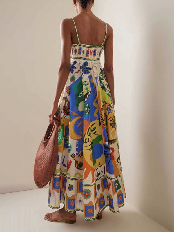 Square Neck Graffiti Print Maxi Dress – Sleeveless High Waist Resort Style