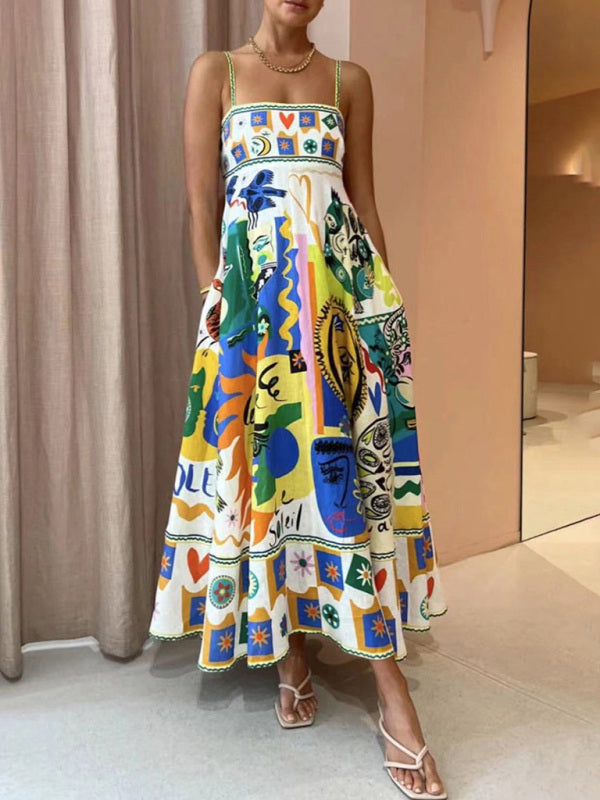 Square Neck Graffiti Print Maxi Dress – Sleeveless High Waist Resort Style