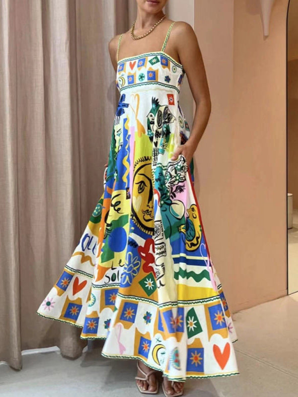 Square Neck Graffiti Print Maxi Dress – Sleeveless High Waist Resort Style