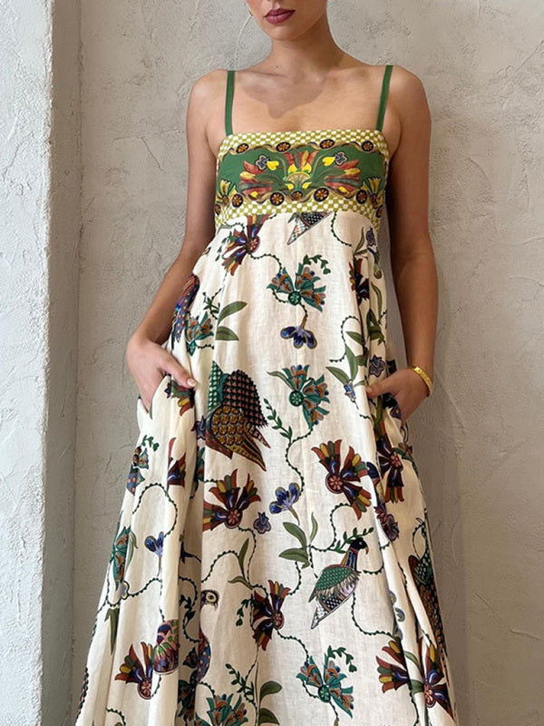 Romantic Sleeveless Swing Dress – Cotton Linen Blend with Self Print