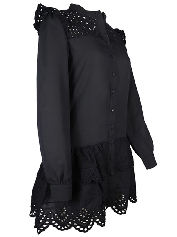 Romantic Black Lace Shirt Dress – Elegant Midi with Woven Detail