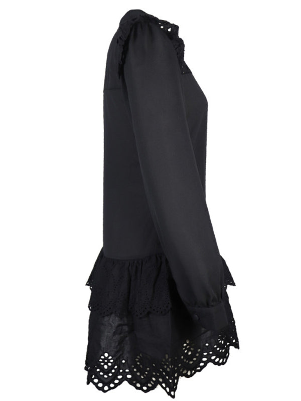 Romantic Black Lace Shirt Dress – Elegant Midi with Woven Detail
