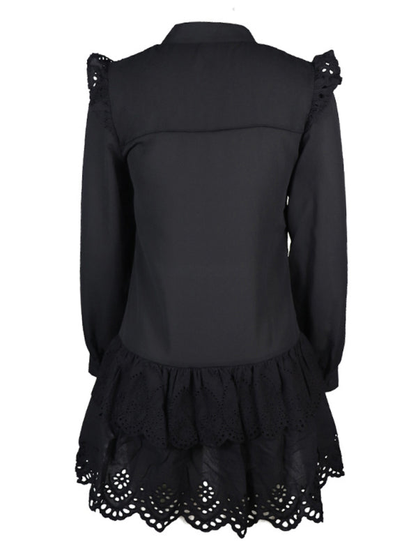Romantic Black Lace Shirt Dress – Elegant Midi with Woven Detail