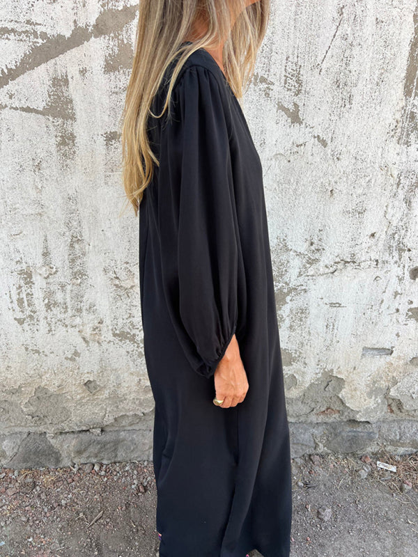 Casual Loose V-Neck Lantern Sleeve Dress – Solid Color, Spring Summer Style
