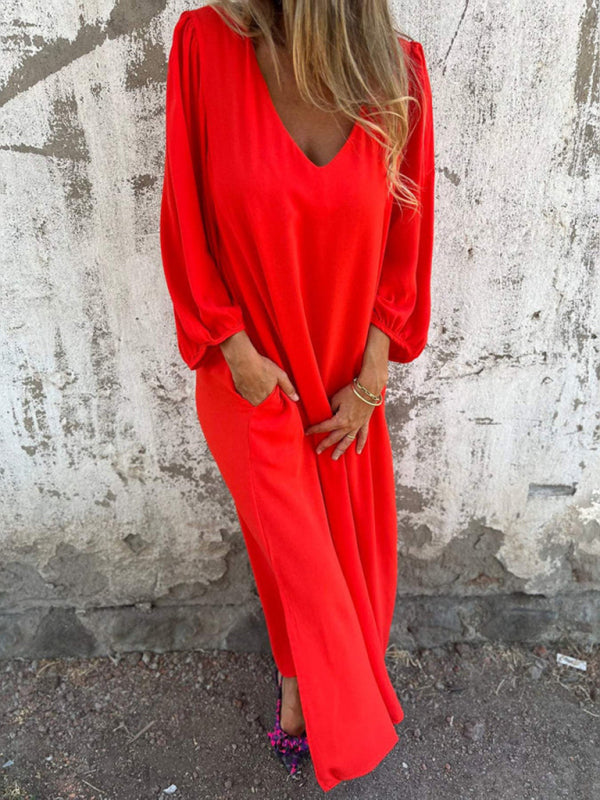 Casual Loose V-Neck Lantern Sleeve Dress – Solid Color, Spring Summer Style