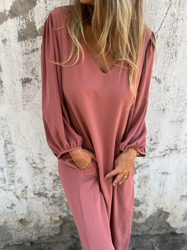 Casual Loose V-Neck Lantern Sleeve Dress – Solid Color, Spring Summer Style