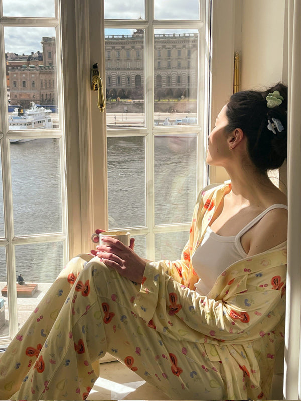 Printed Long Sleeve Pajama Set with Irregular Slit Trousers – Relaxed Fit