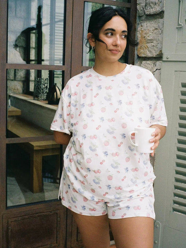Printed Short-Sleeve Pajama Set with Irregular Slit Shorts – Lounge Fit
