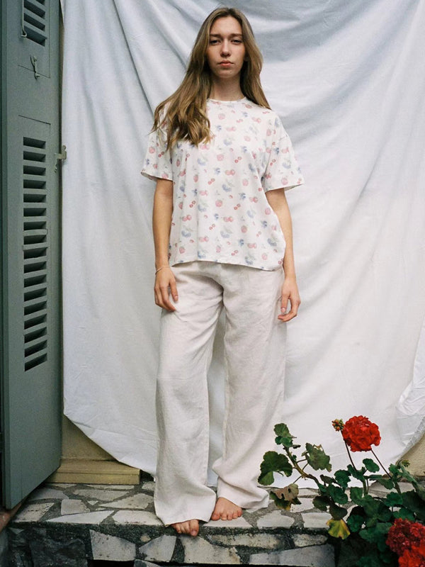 Printed Short-Sleeve Pajama Set with Irregular Slit Shorts – Lounge Fit