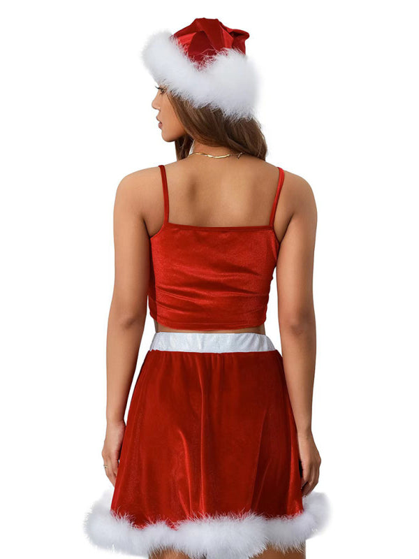 Off-Shoulder Red Christmas Feather Suspender Skirt with Hat – Holiday Party Dress