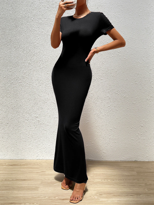 Slim Fit Solid Color Midi Dress – Round Neck & Short Sleeves