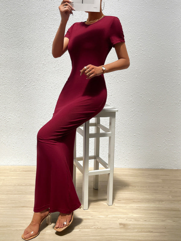 Slim Fit Solid Color Midi Dress – Round Neck & Short Sleeves