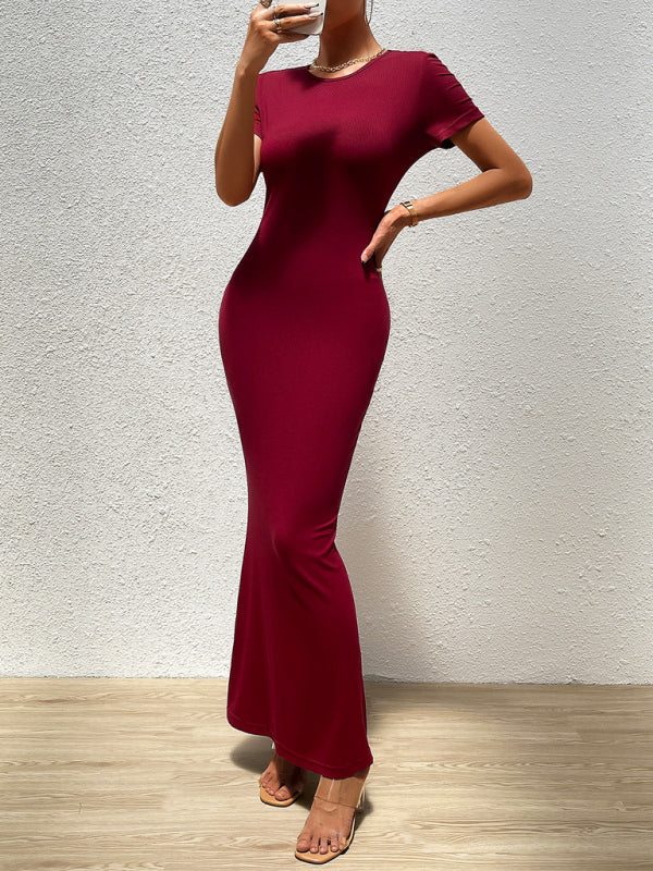 Slim Fit Solid Color Midi Dress – Round Neck & Short Sleeves